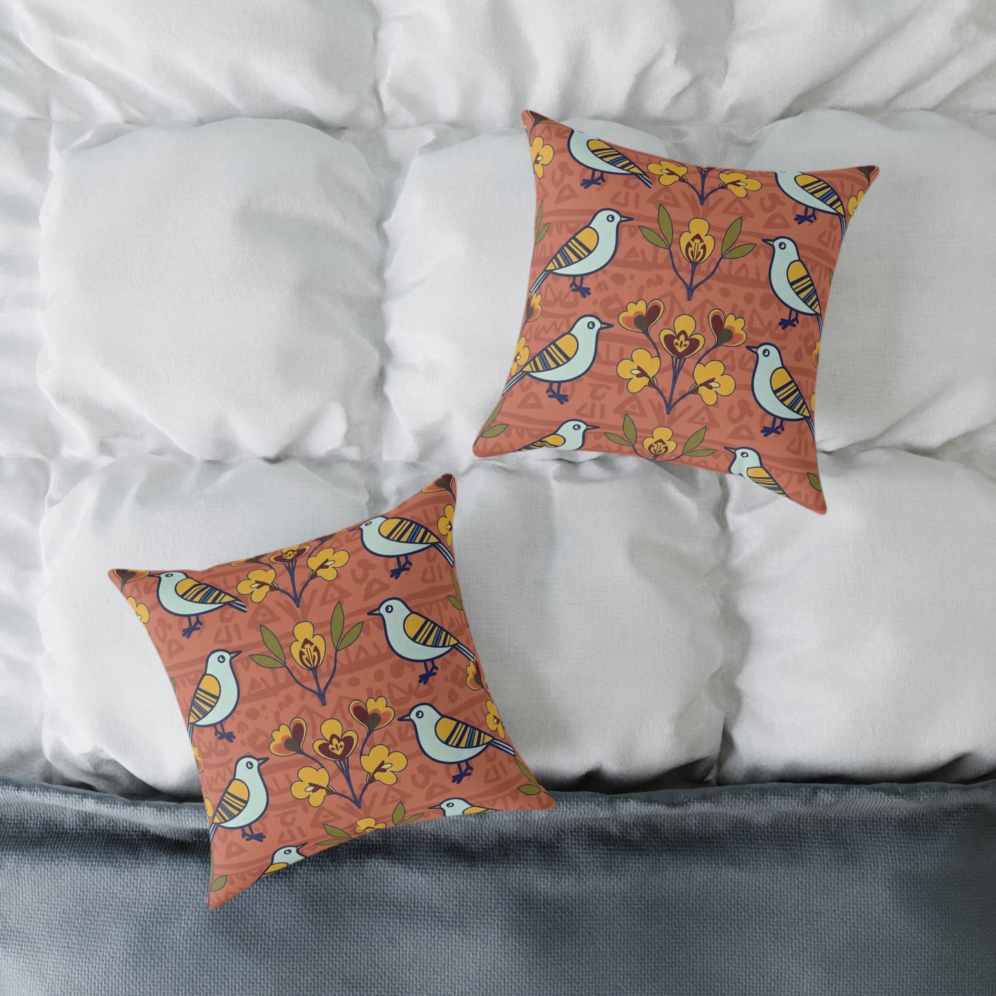 Throw Pillow - Modern Folk Art Bird and Floral Seamless Pattern on Terracotta