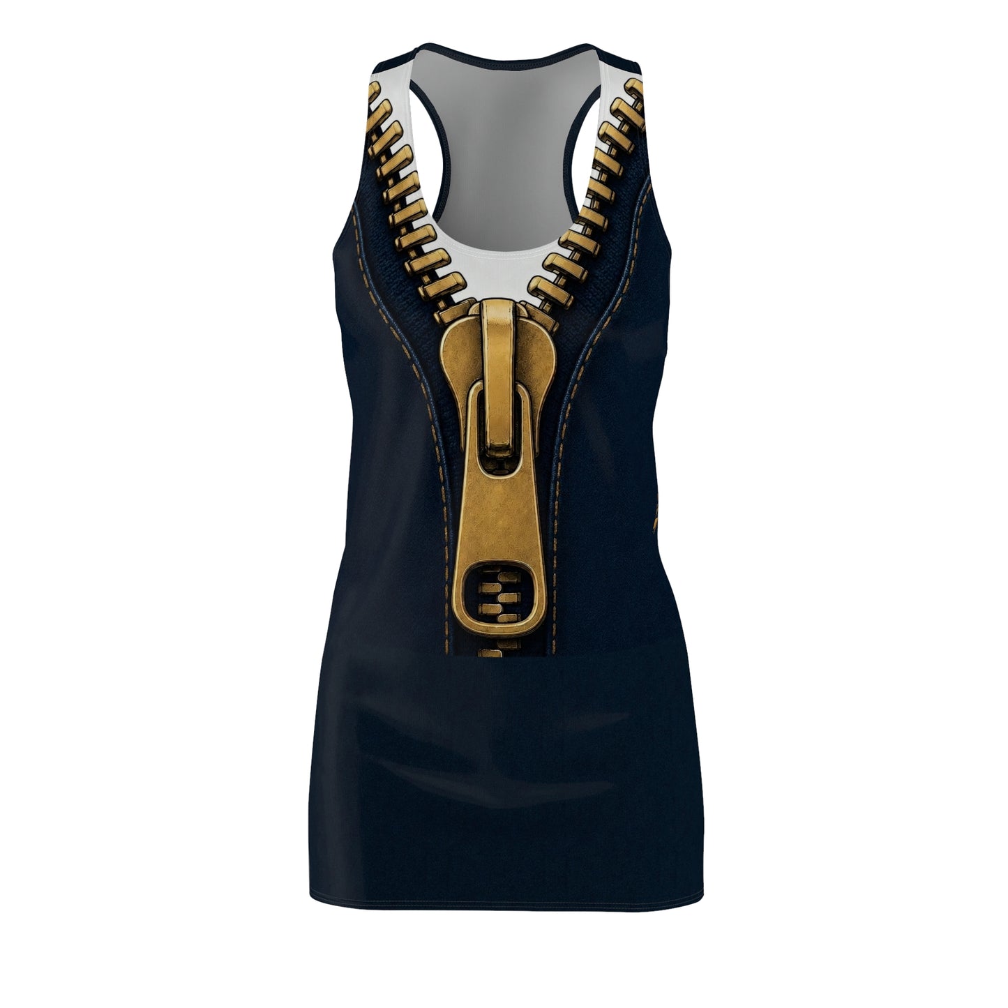 A close-up graphic of a metallic gold zipper opening up dark navy denim fabric - racer back dress