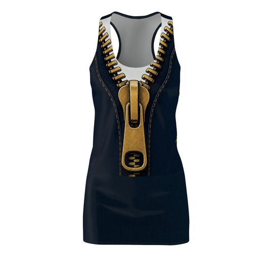 A close-up graphic of a metallic gold zipper opening up dark navy denim fabric - racer back dress