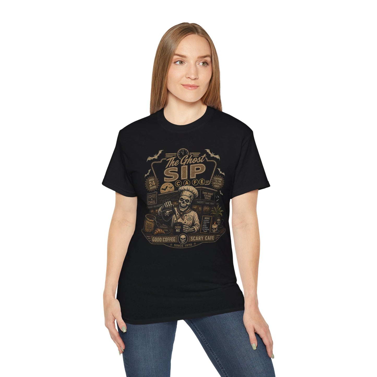 Spooky Coffee and Chaos Retro Skeleton Barista Cafe Illustration - t-shirt
