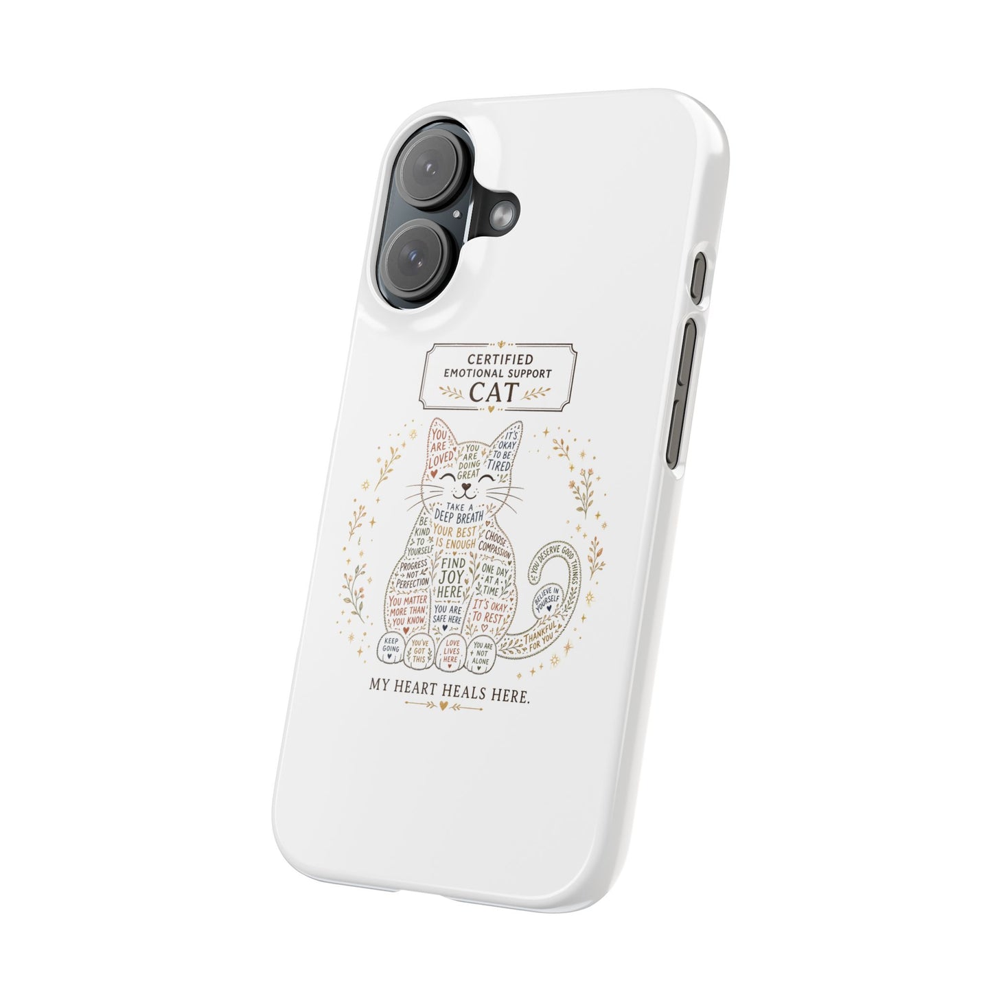 Cute cat iphone 16 and 15 slim case design with positive reminders and self-care quotes