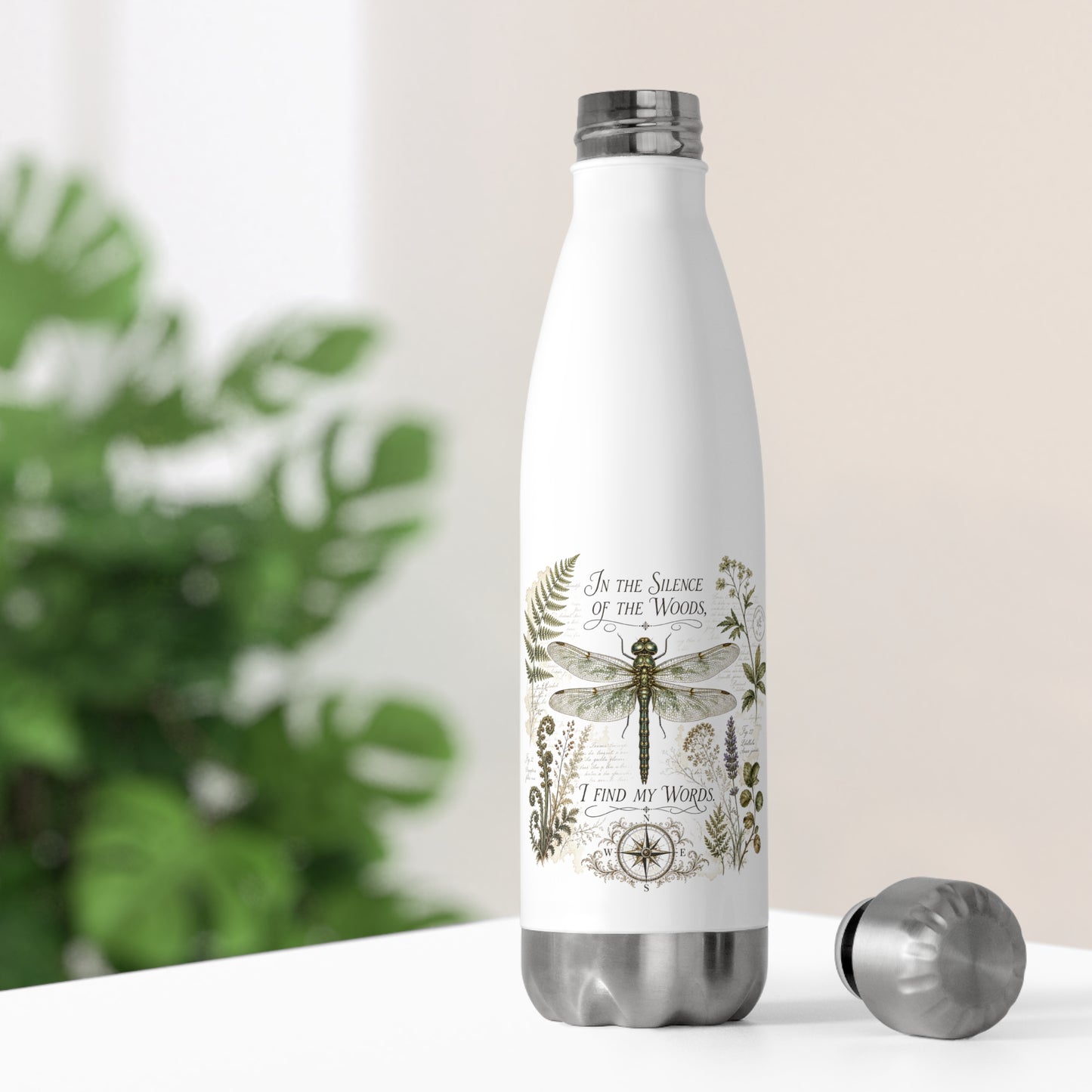 Vintage Botanical Dragonfly insulated bottle with Quote "In the Silence of the Woods, I Find My Words" for Writers and Nature Lovers