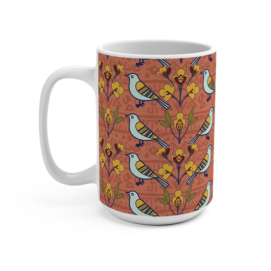15oz Mug —  Modern Folk Art Bird and Floral Seamless Pattern on Terracotta