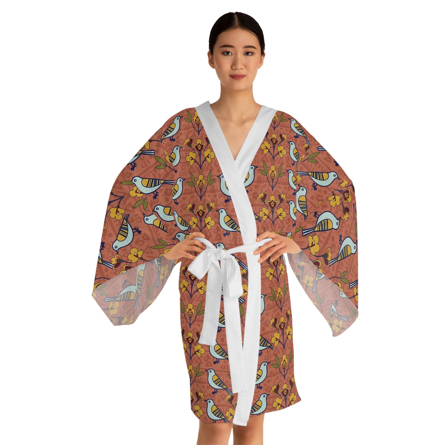 Long sleeves kimono - Modern Folk Art Bird and Floral Seamless Pattern on Terracotta
