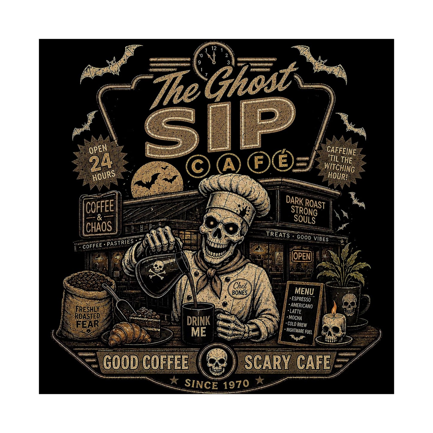 Spooky Coffee and Chaos Retro Skeleton Barista Cafe Illustration - poster