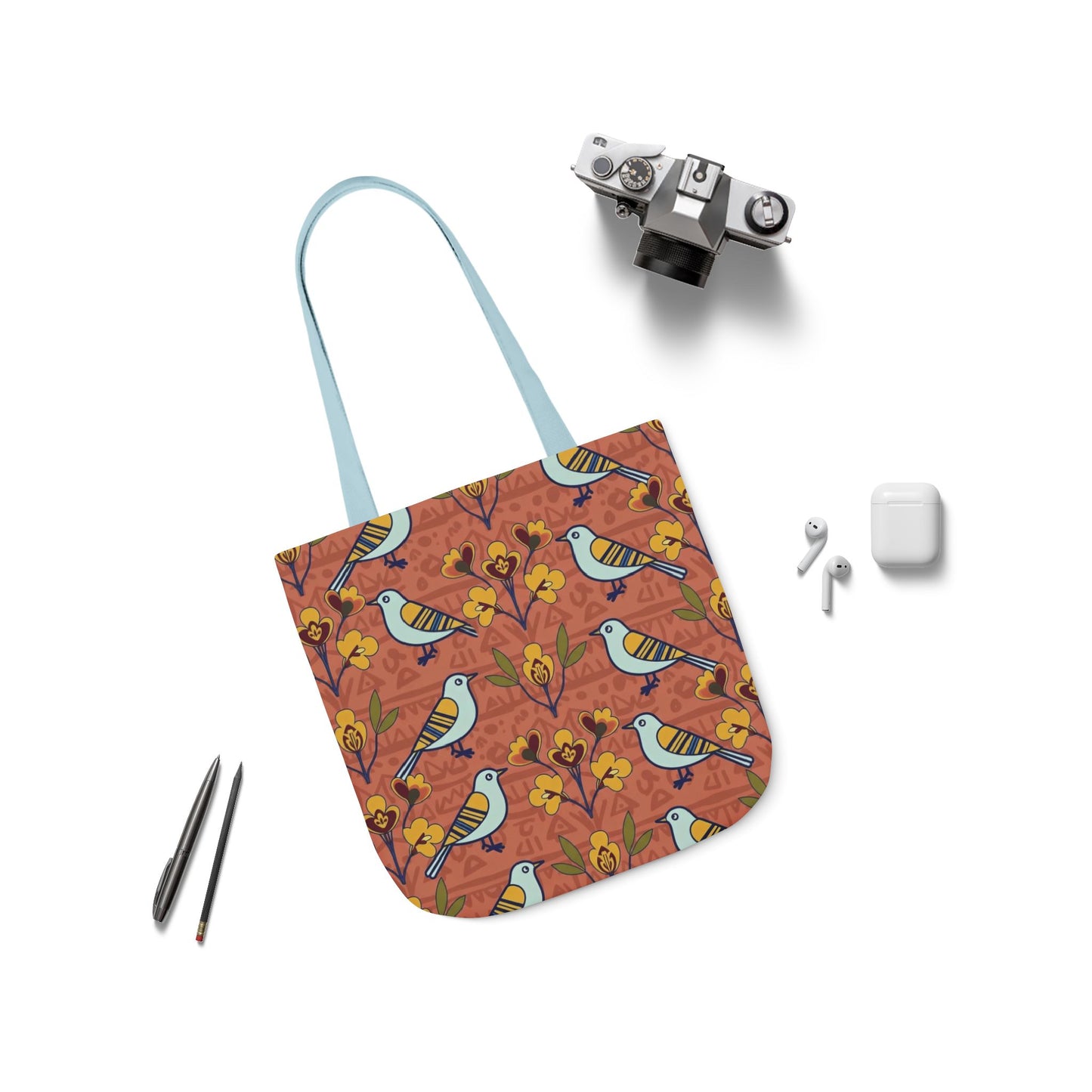 Tote bag - Modern Folk Art Bird and Floral Seamless Pattern on Terracotta