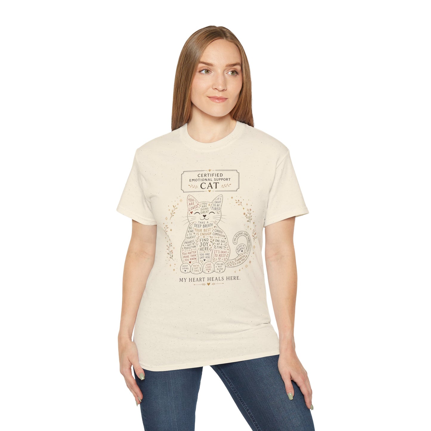 Cute cat t-shirt design with positive reminders and self-care quotes