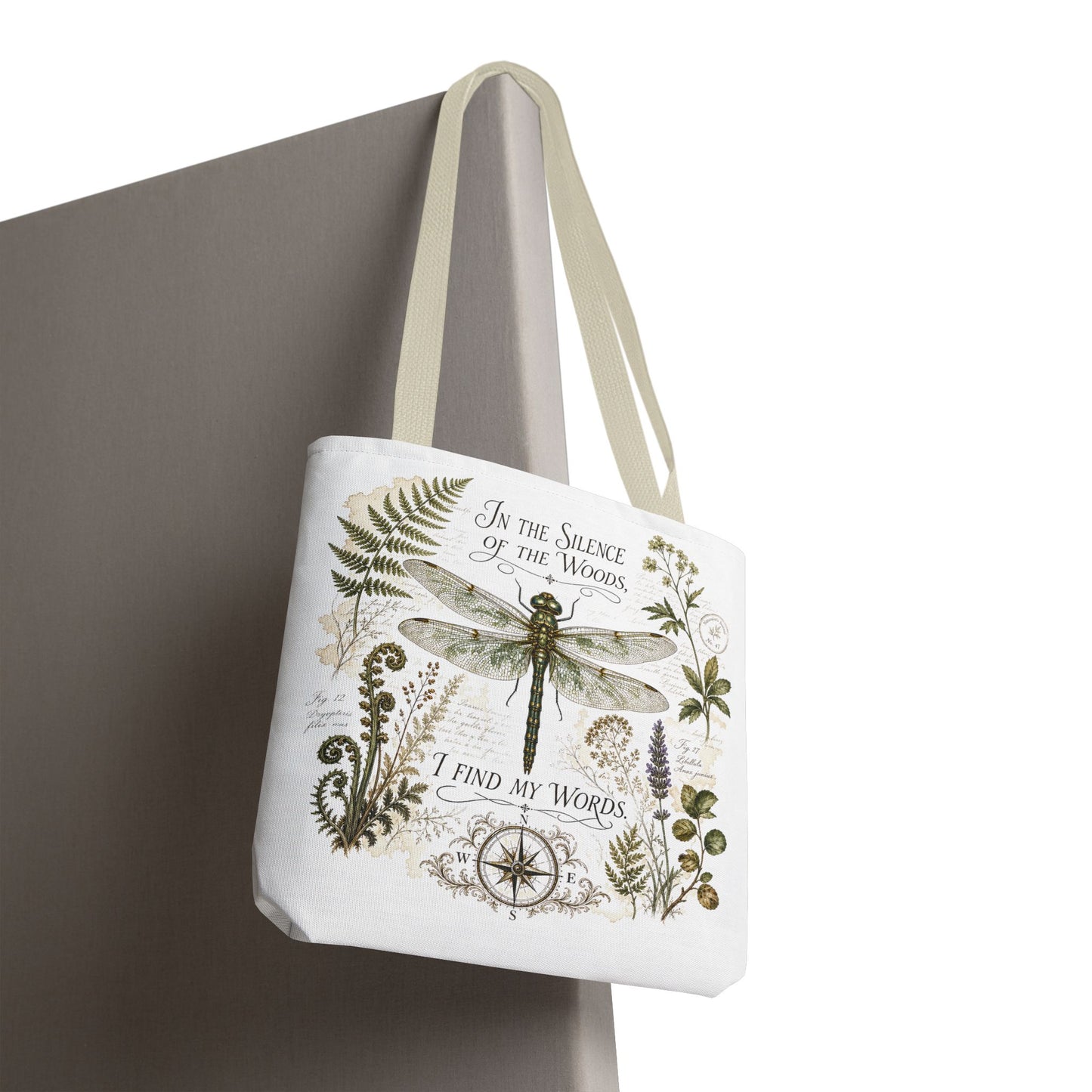 Vintage Botanical Dragonfly tote bag with Quote "In the Silence of the Woods, I Find My Words" for Writers and Nature Lovers