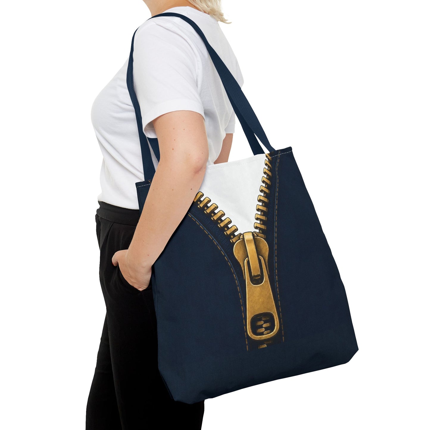 A close-up graphic of a metallic gold zipper opening up dark navy denim fabric - tote bag