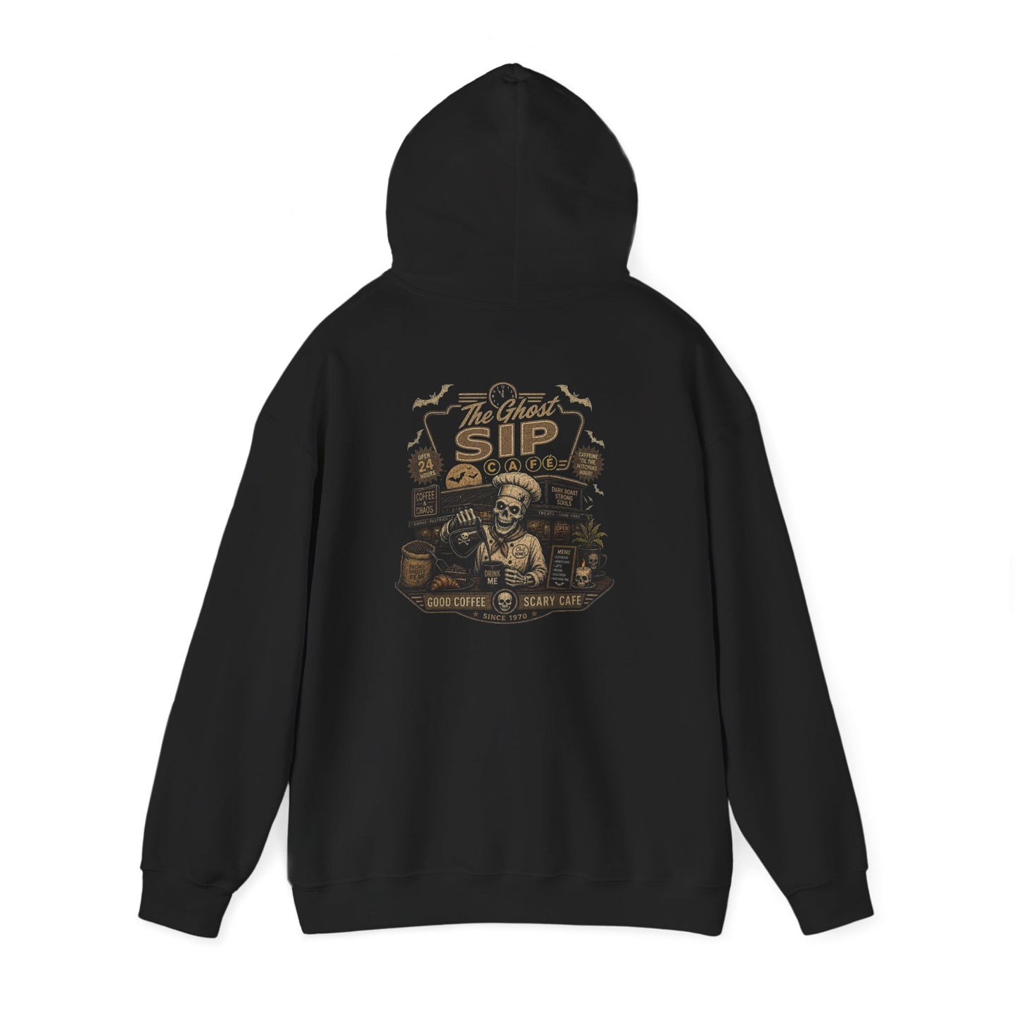 Spooky Coffee and Chaos Retro Skeleton Barista Cafe Illustration - hoodie