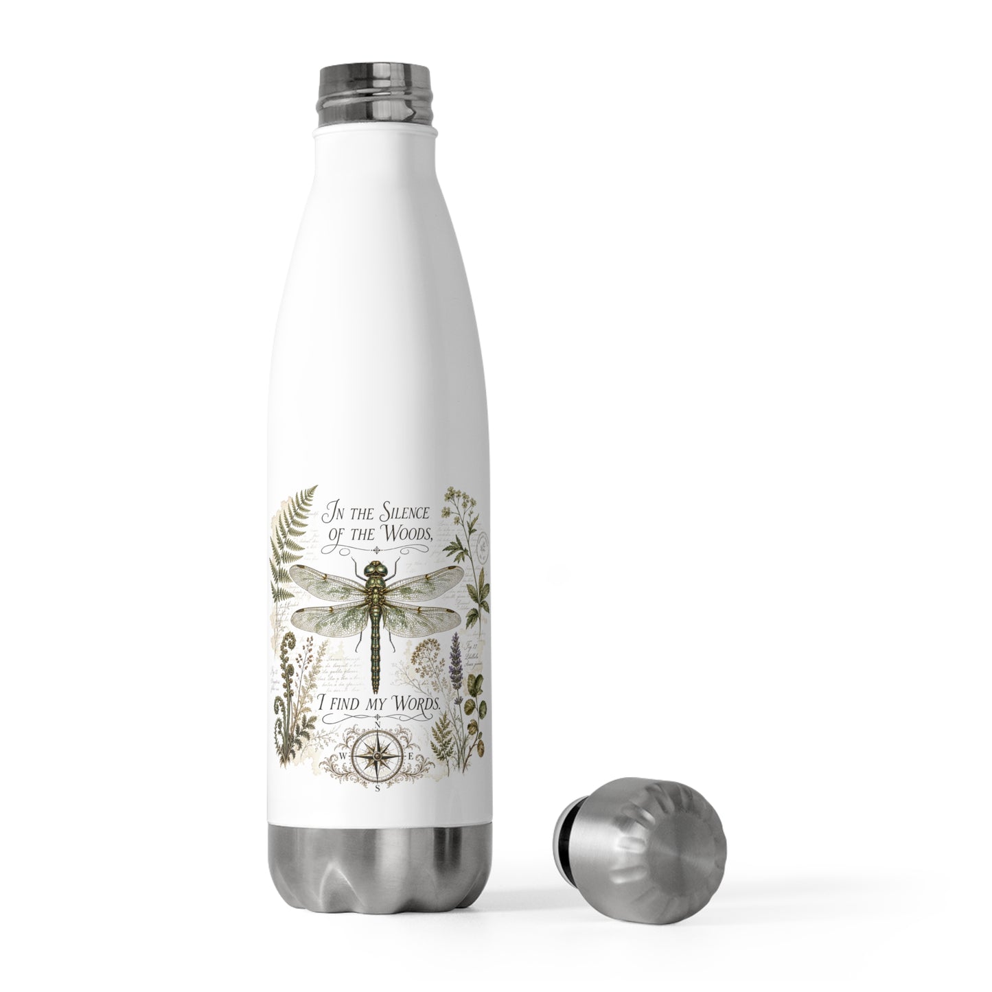Vintage Botanical Dragonfly insulated bottle with Quote "In the Silence of the Woods, I Find My Words" for Writers and Nature Lovers