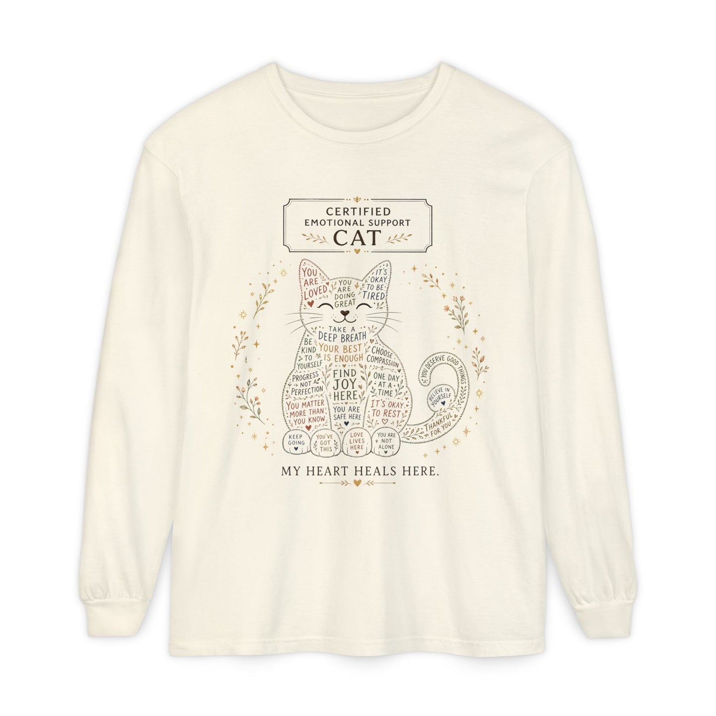 Cute cat Long sleeves tee design with positive reminders and self-care quotes