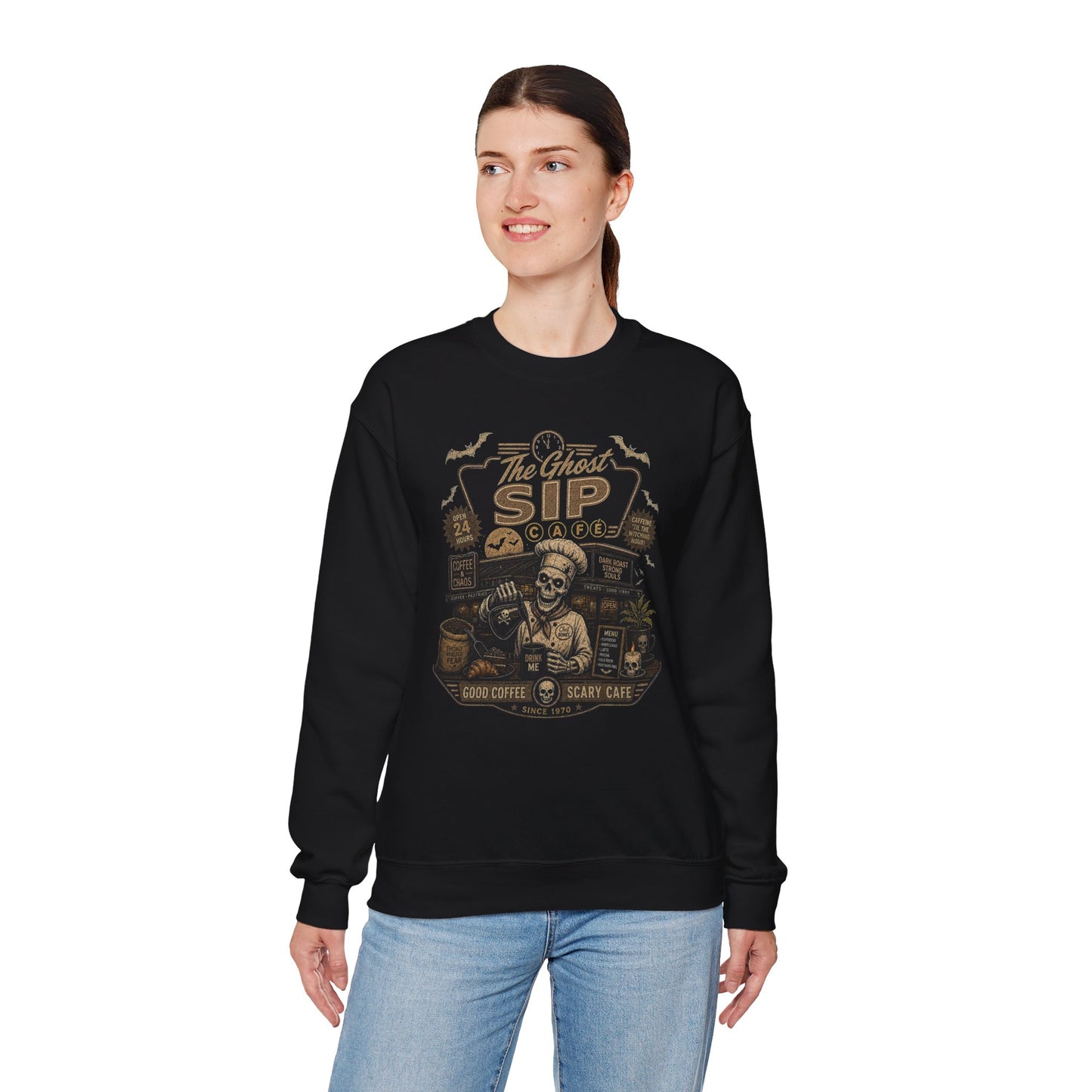 Spooky Coffee and Chaos Retro Skeleton Barista Cafe Illustration - sweatshirt