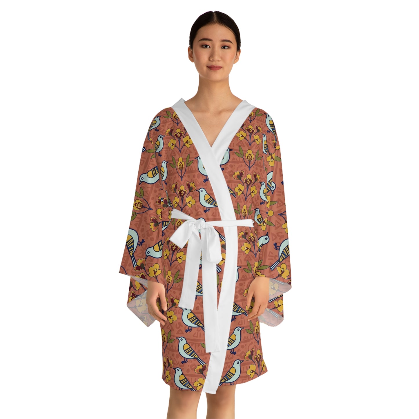 Long sleeves kimono - Modern Folk Art Bird and Floral Seamless Pattern on Terracotta
