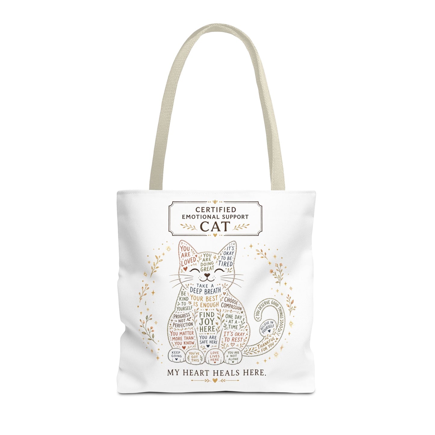 Cute cat tote bag design with positive reminders and self-care quotes