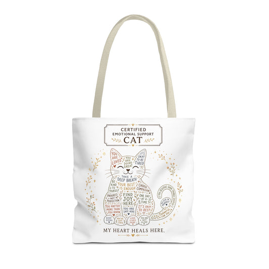 Cute cat tote bag design with positive reminders and self-care quotes