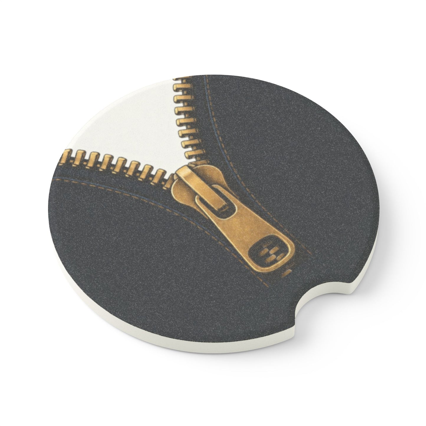 A close-up graphic of a metallic gold zipper opening up dark navy denim fabric - car soapstone coaster