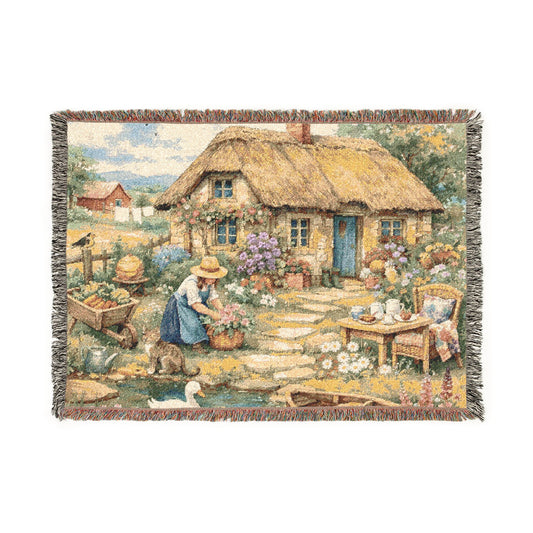 Woven blanket - Whimsical English Countryside Thatch Cottage