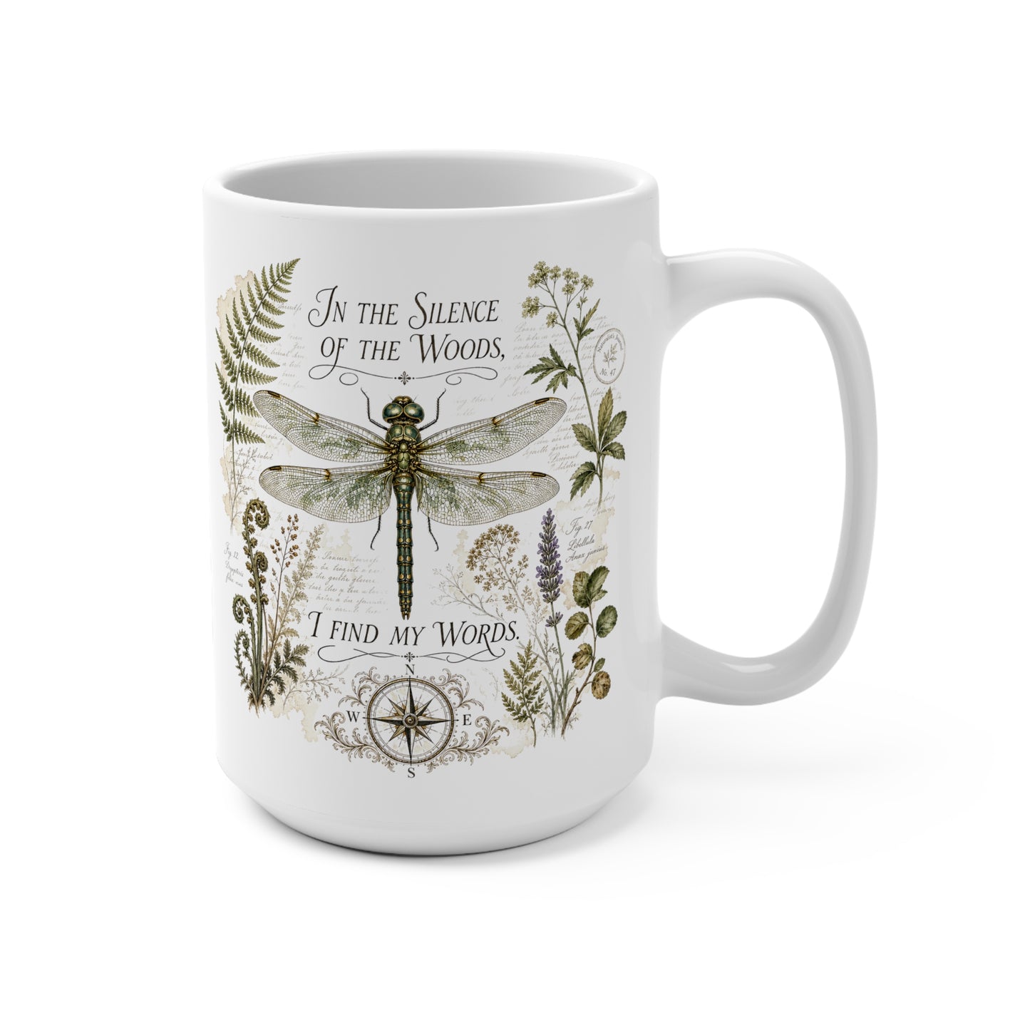 Vintage Botanical Dragonfly mug with Quote "In the Silence of the Woods, I Find My Words" for Writers and Nature Lovers