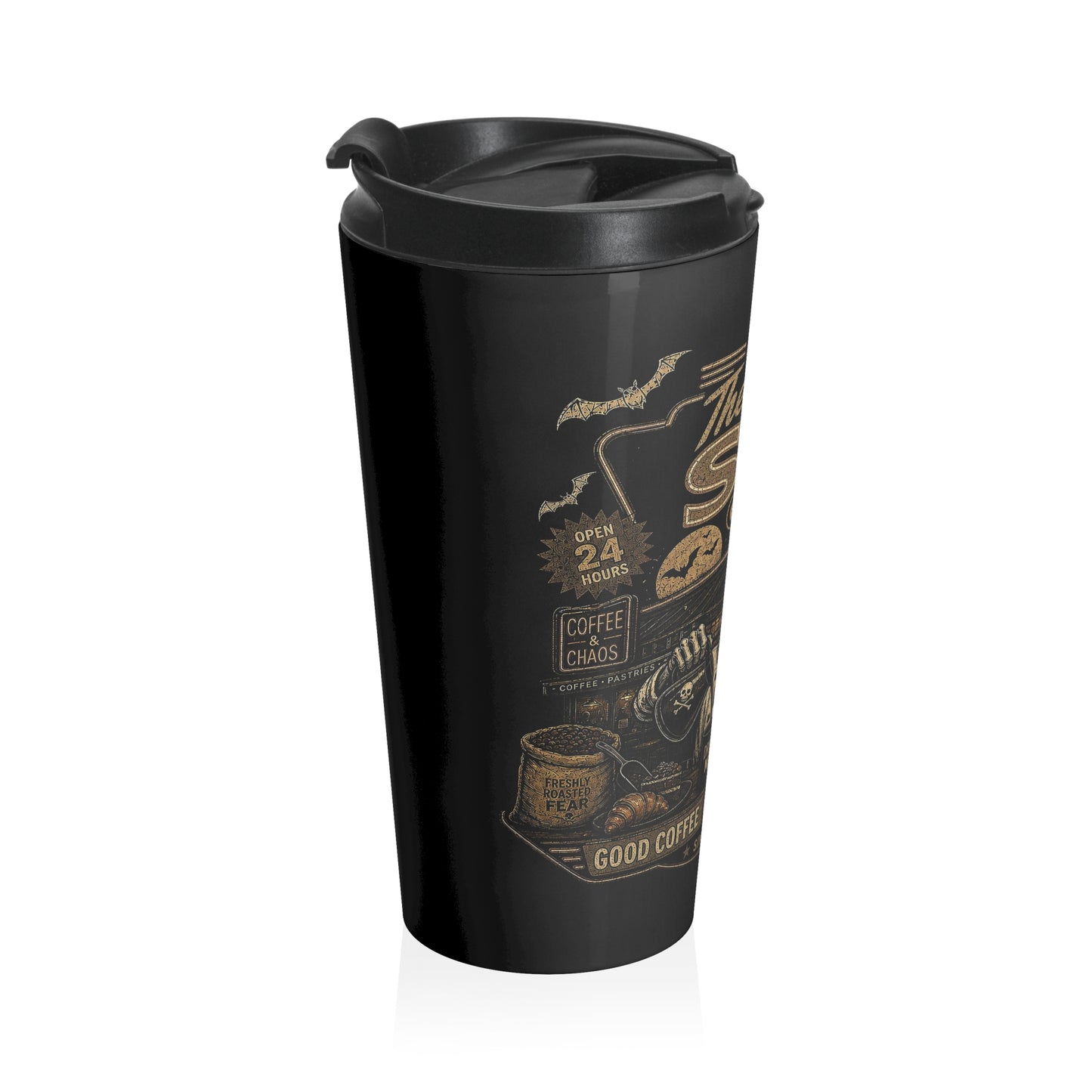 Spooky Coffee and Chaos Retro Skeleton Barista Cafe Illustration - travel mug