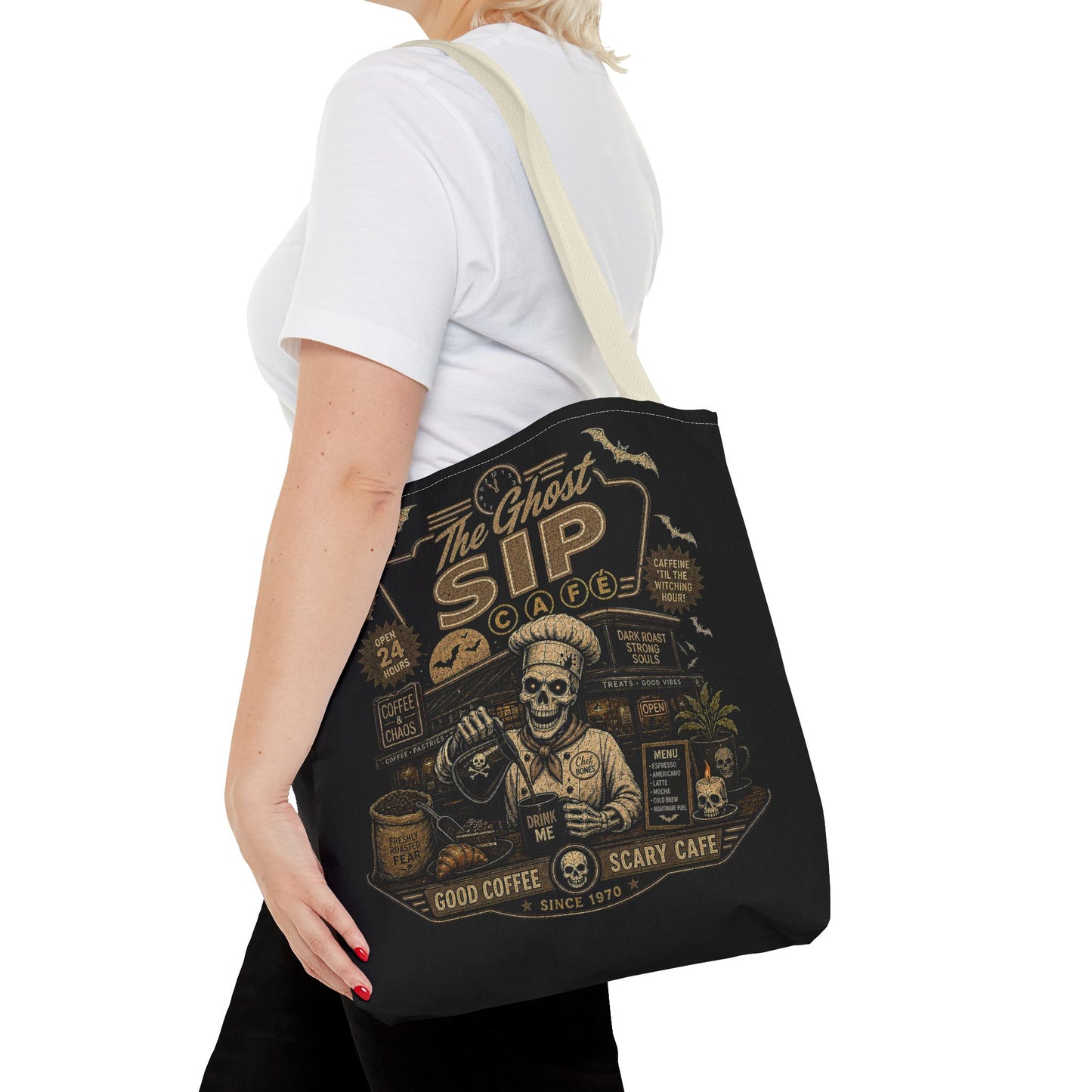Spooky Coffee and Chaos Retro Skeleton Barista Cafe Illustration - tote bag