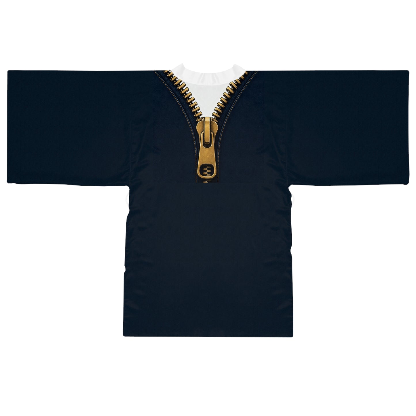 A close-up graphic of a metallic gold zipper opening up dark navy denim fabric - kimono robe