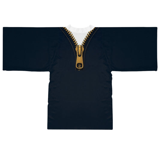 A close-up graphic of a metallic gold zipper opening up dark navy denim fabric - kimono robe