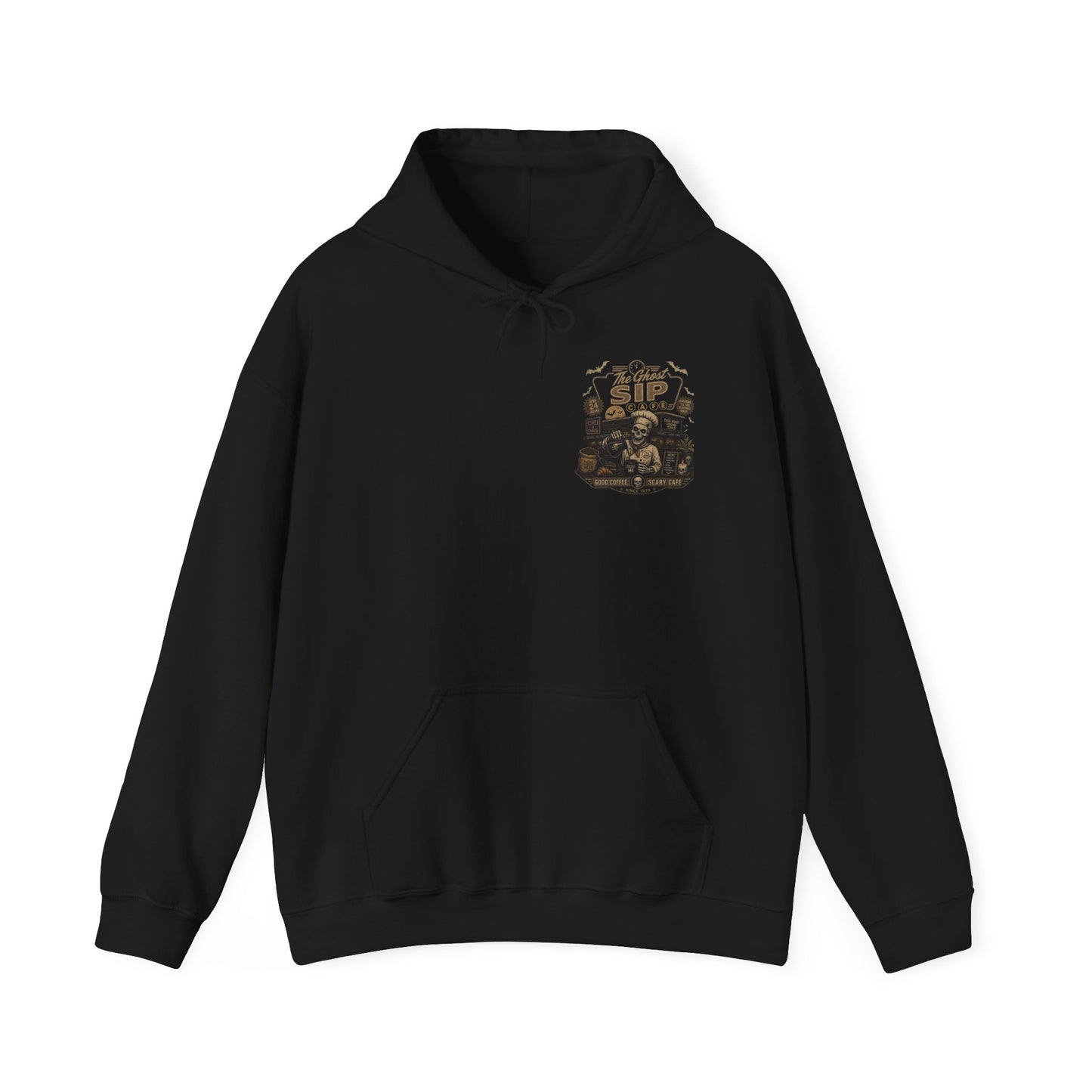 Spooky Coffee and Chaos Retro Skeleton Barista Cafe Illustration - hoodie
