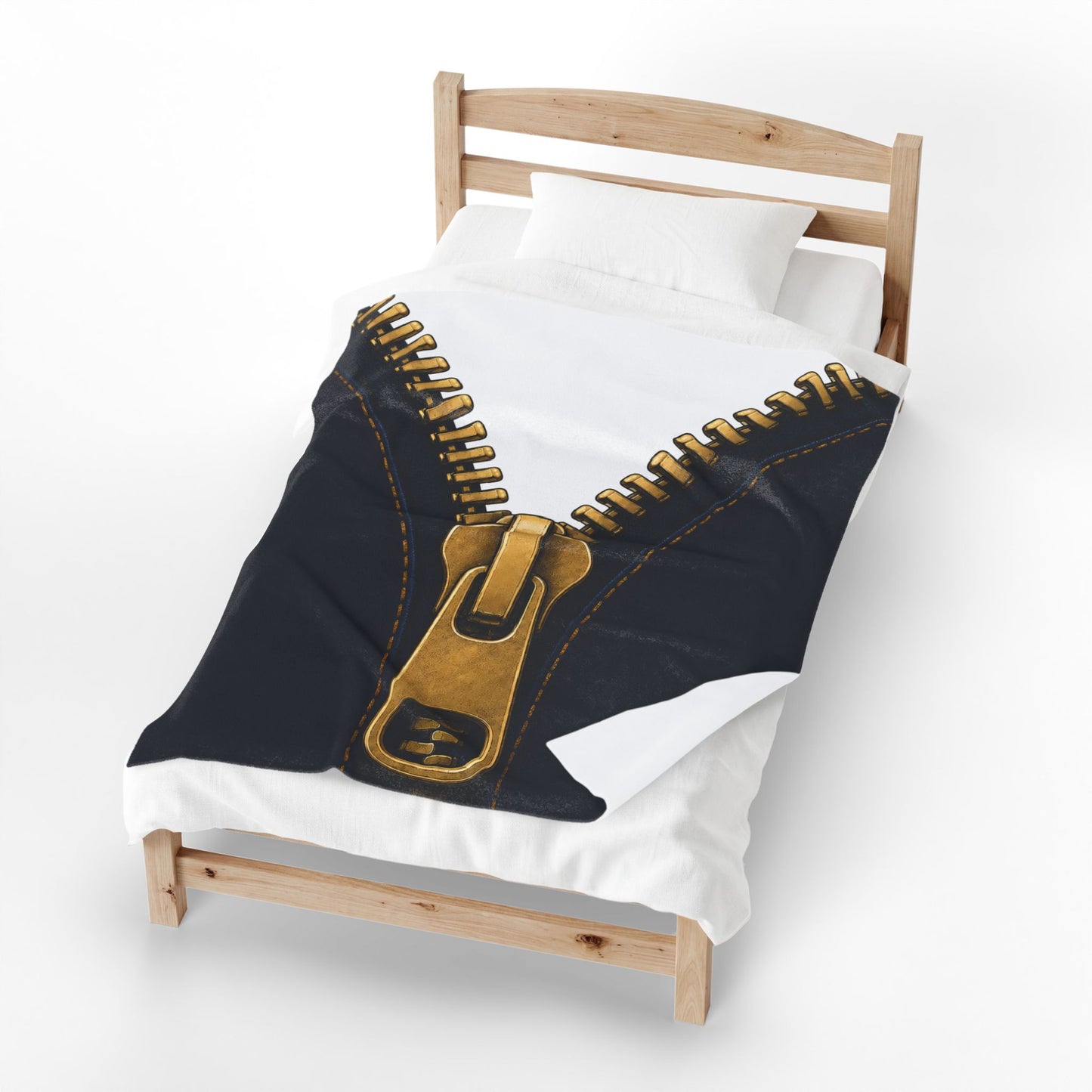 A close-up graphic of a metallic gold zipper opening up dark navy denim fabric - throw blanket