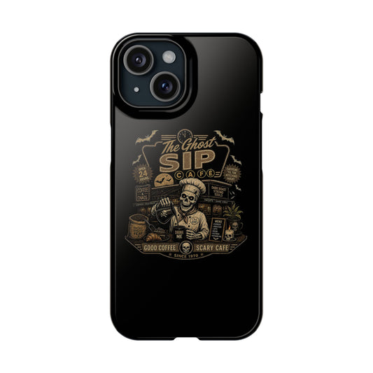 Spooky Coffee and Chaos Retro Skeleton Barista Cafe Illustration - iphone slim case