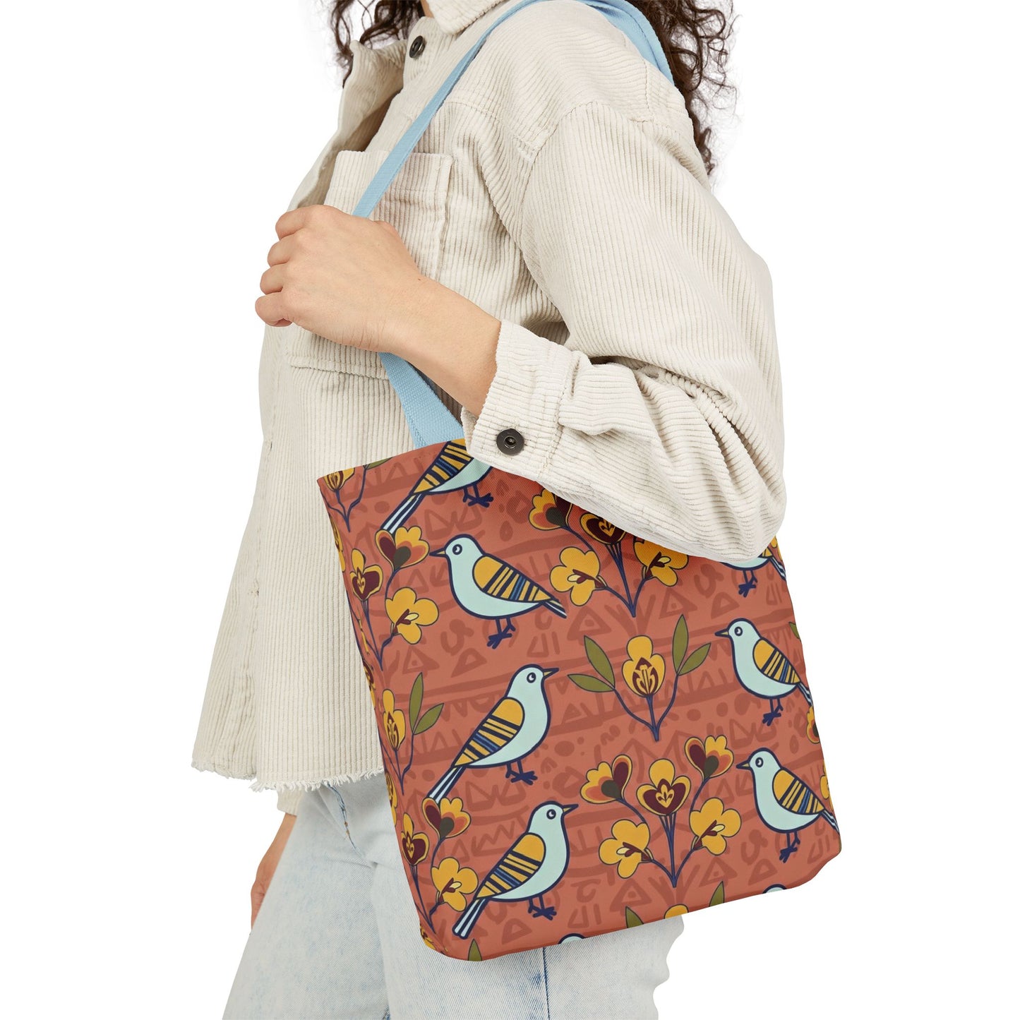 Tote bag - Modern Folk Art Bird and Floral Seamless Pattern on Terracotta