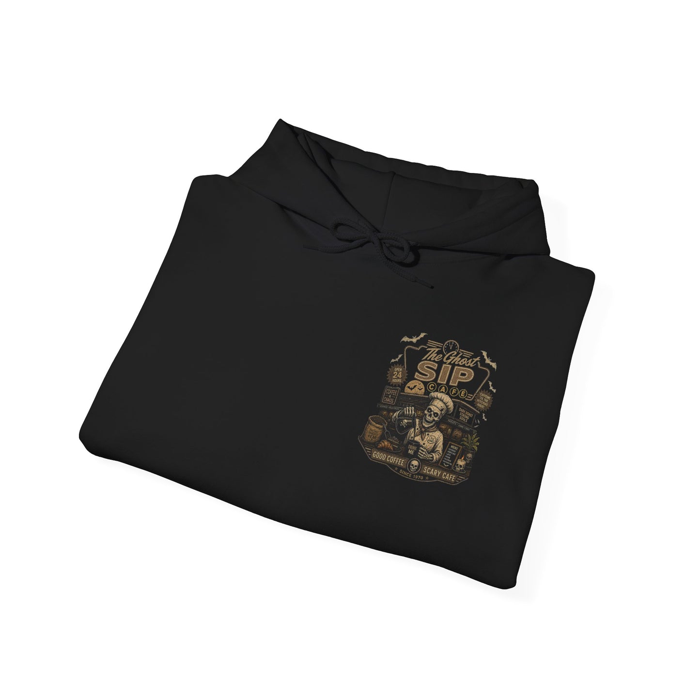 Spooky Coffee and Chaos Retro Skeleton Barista Cafe Illustration - hoodie