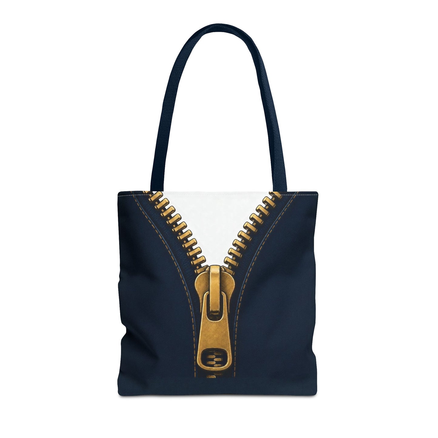A close-up graphic of a metallic gold zipper opening up dark navy denim fabric - tote bag