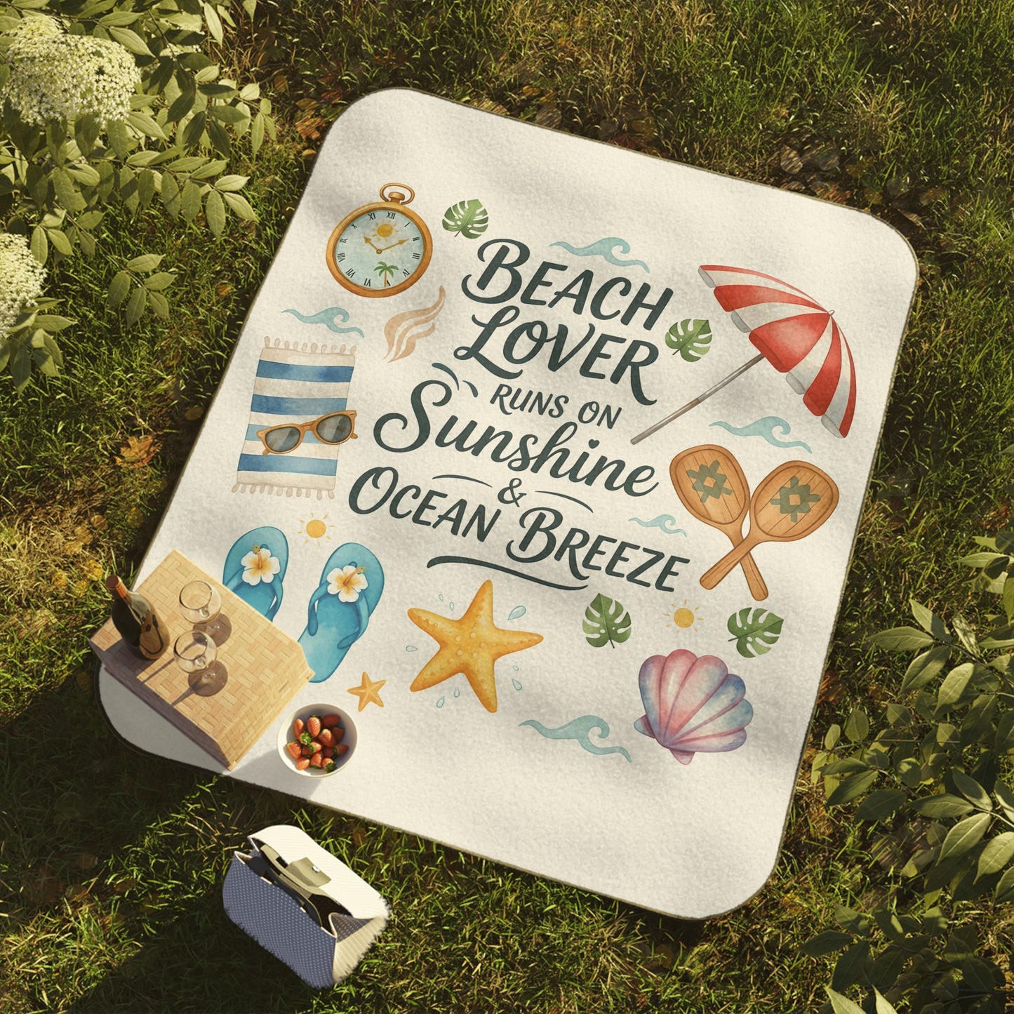 Picnic blanket - Watercolor Beach Lover Aesthetic Quote