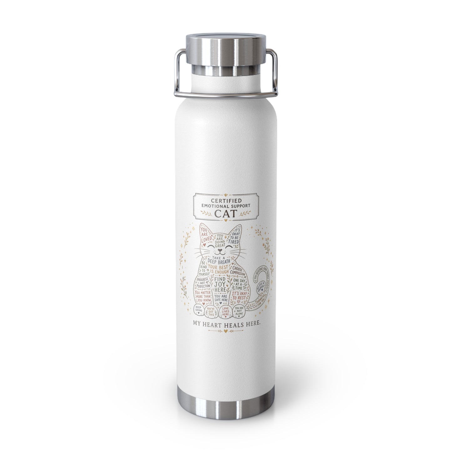 Cute cat vacuum bottle design with positive reminders and self-care quotes