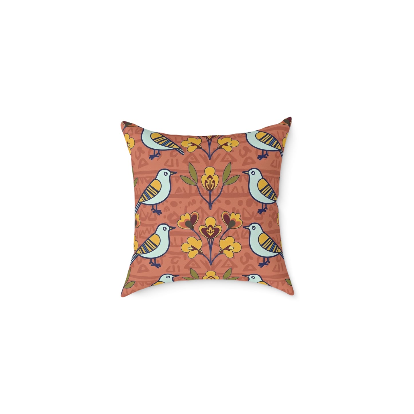 Throw Pillow - Modern Folk Art Bird and Floral Seamless Pattern on Terracotta