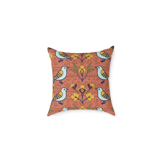 Throw Pillow - Modern Folk Art Bird and Floral Seamless Pattern on Terracotta