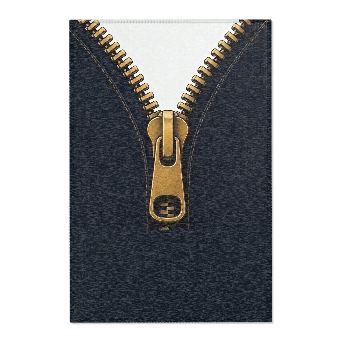 A close-up graphic of a metallic gold zipper opening up dark navy denim fabric - area rug