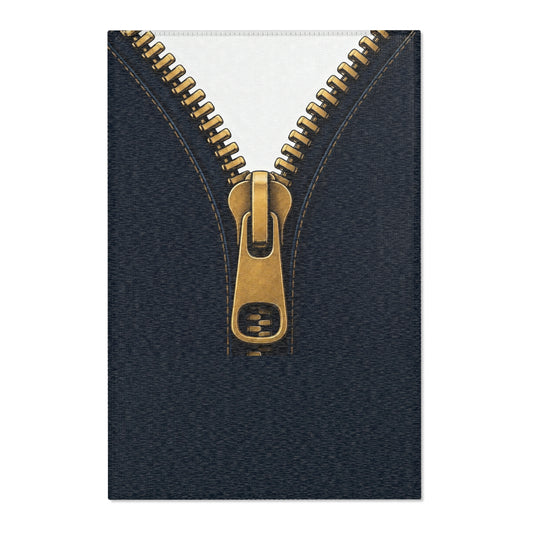 A close-up graphic of a metallic gold zipper opening up dark navy denim fabric - area rug