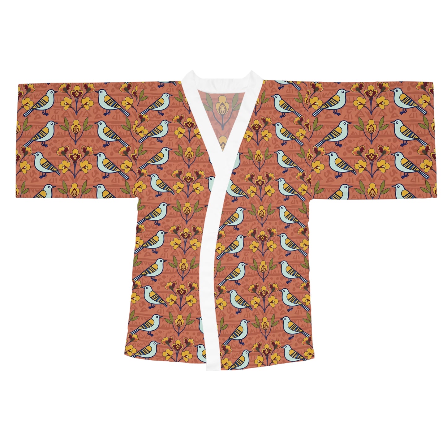 Long sleeves kimono - Modern Folk Art Bird and Floral Seamless Pattern on Terracotta