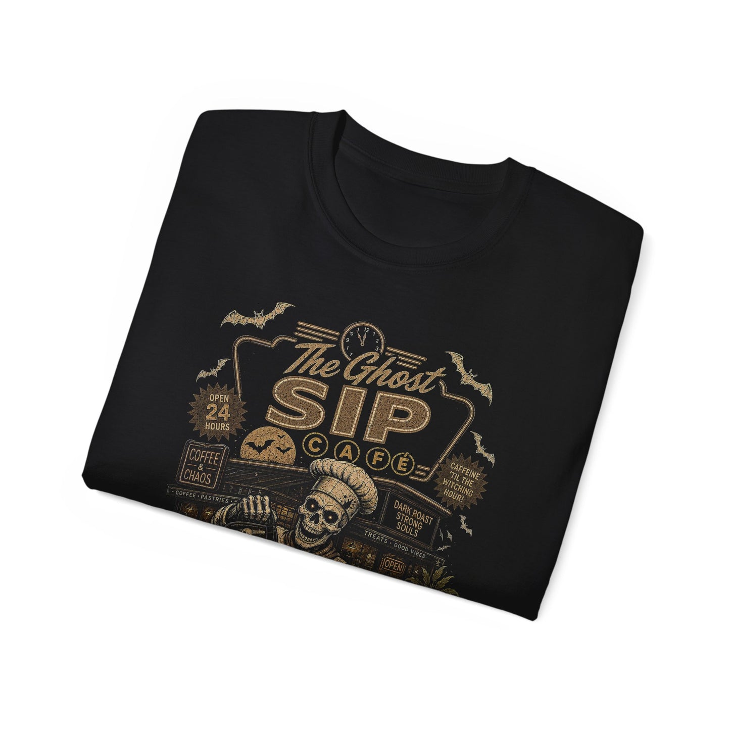 Spooky Coffee and Chaos Retro Skeleton Barista Cafe Illustration - t-shirt