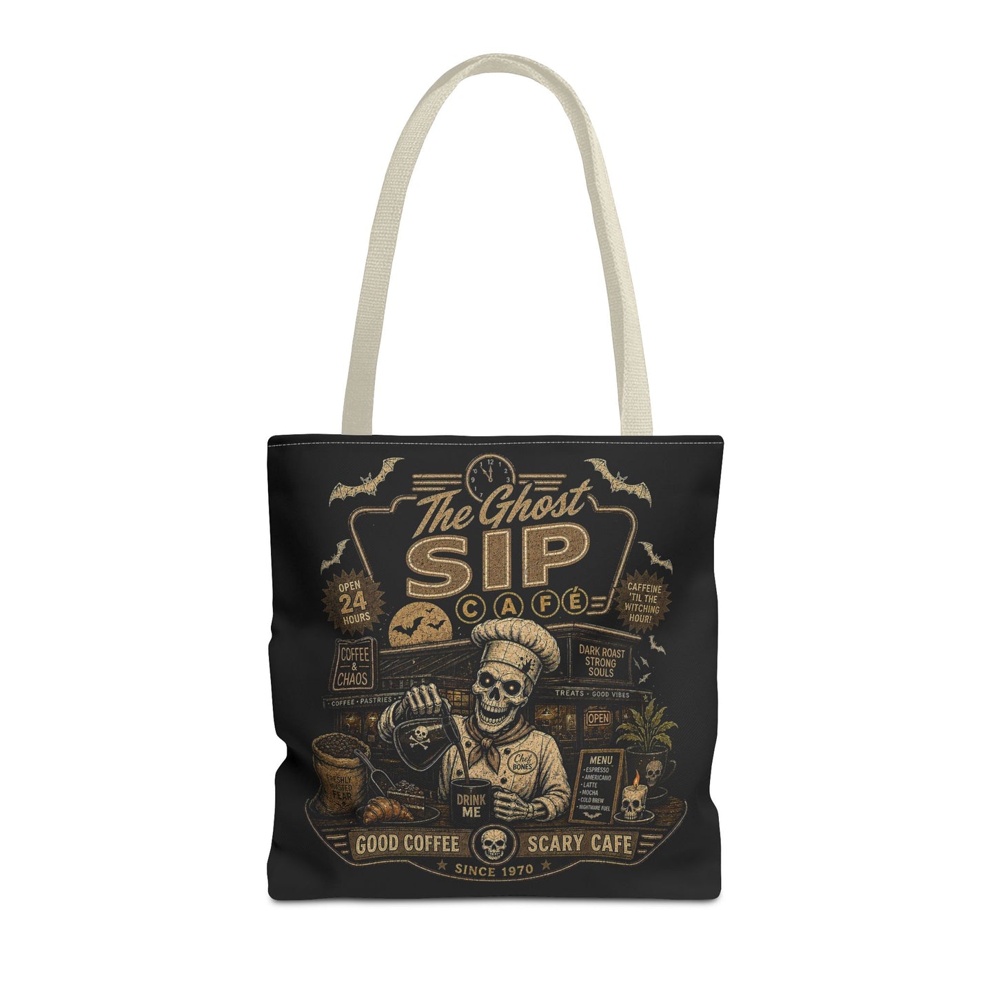 Spooky Coffee and Chaos Retro Skeleton Barista Cafe Illustration - tote bag