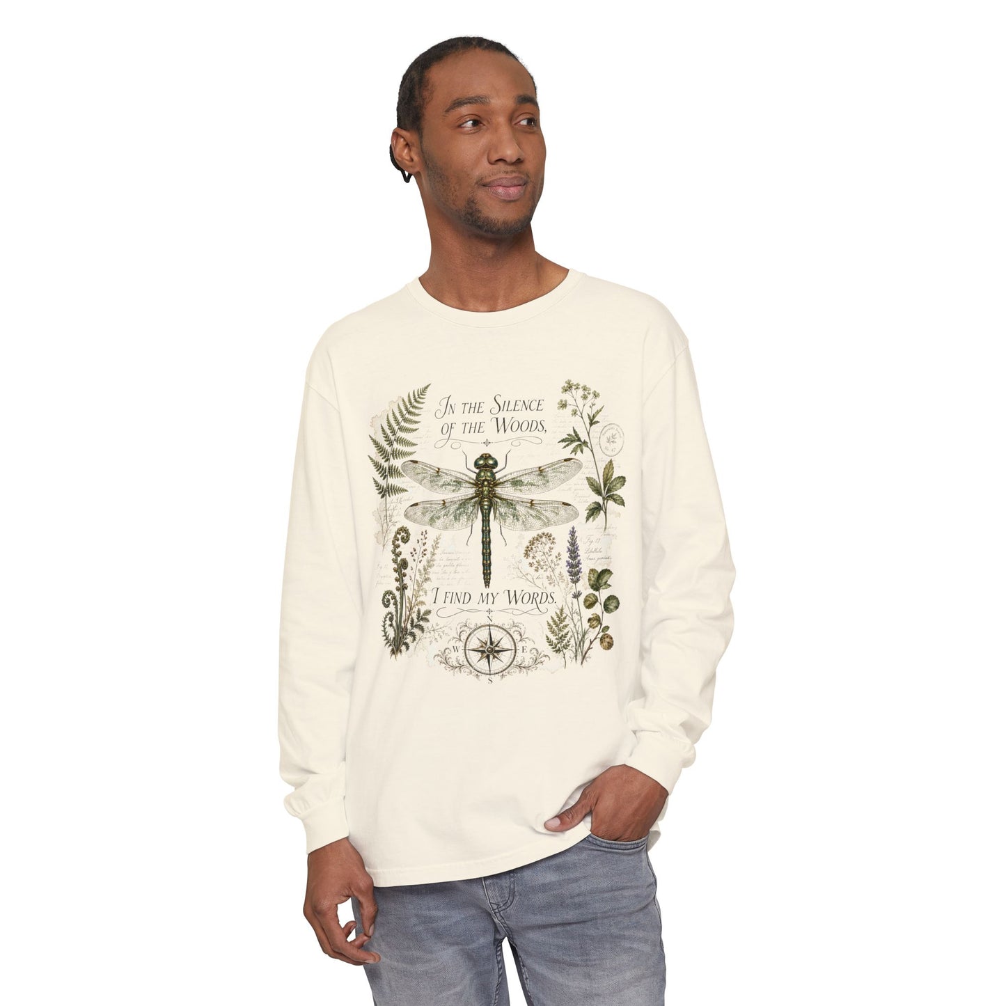 Vintage Botanical Dragonfly Long sleeves t-shirt with Quote "In the Silence of the Woods, I Find My Words" for Writers and Nature Lovers