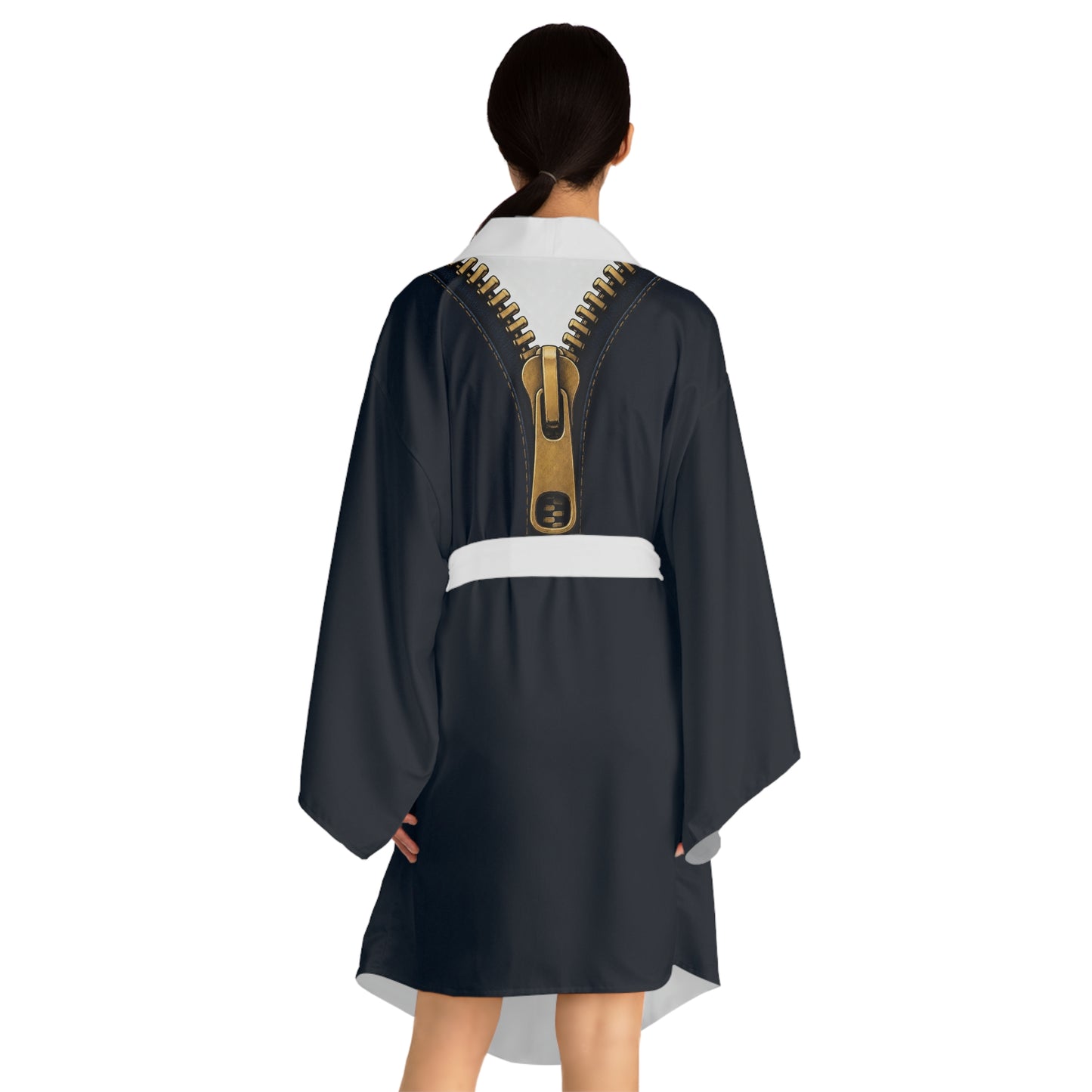 A close-up graphic of a metallic gold zipper opening up dark navy denim fabric - kimono robe