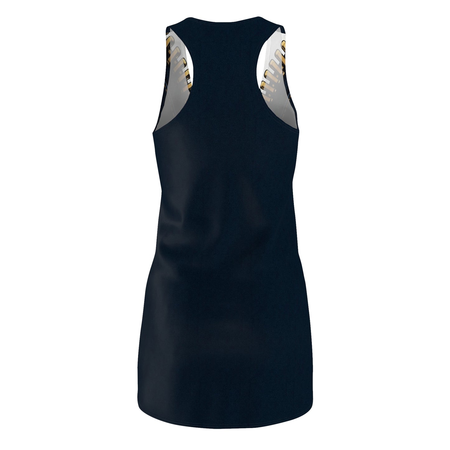 A close-up graphic of a metallic gold zipper opening up dark navy denim fabric - racer back dress
