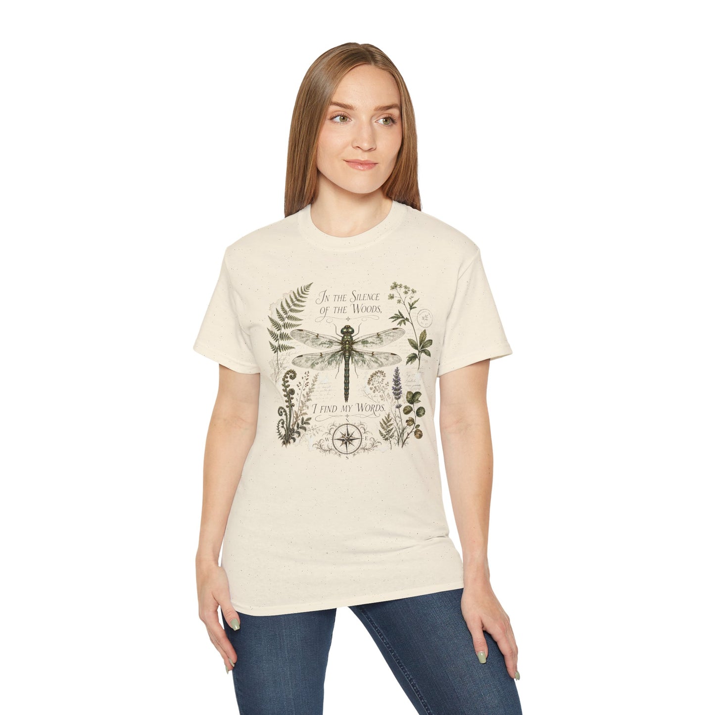 Vintage Botanical Dragonfly t-shirt with Quote "In the Silence of the Woods, I Find My Words" for Writers and Nature Lovers