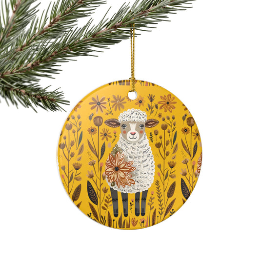 Ceramic round ornament - farm sheep pattern