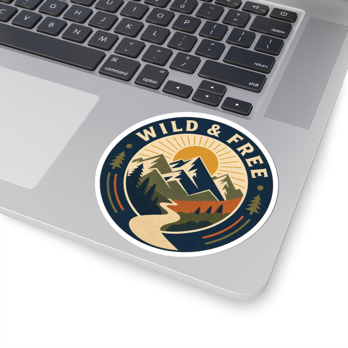 Wild and Free Vintage Mountain Adventure Badge – Retro Nature Landscape with Winding River and Pine Trees kiss cute sticker Design