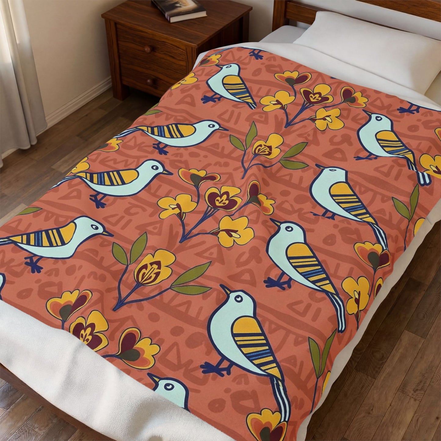 Velveteen Blanket — Modern Folk Art Bird and Floral Seamless Pattern on Terracotta