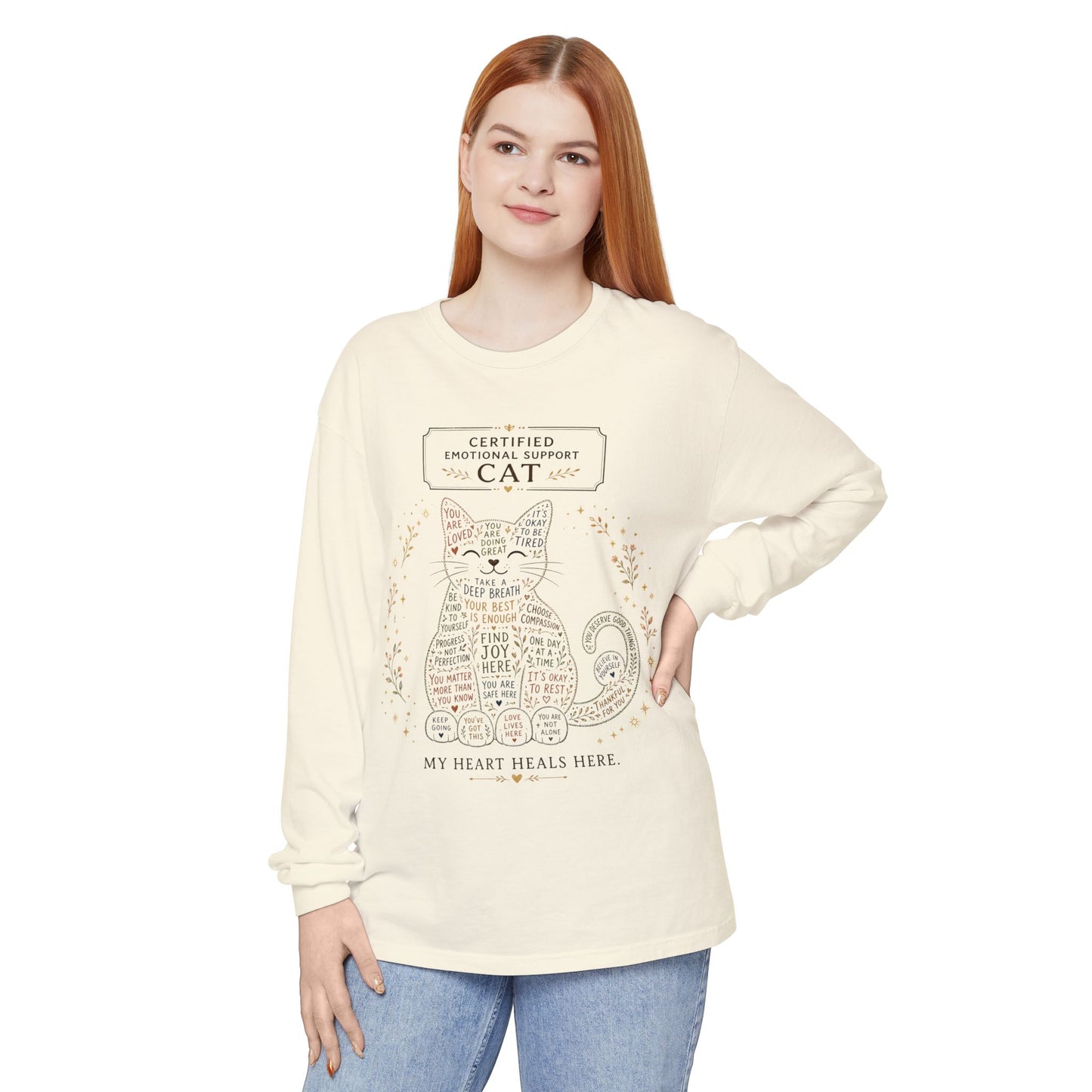 Cute cat Long sleeves tee design with positive reminders and self-care quotes